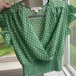 Monteau Green and White Flutter Sleeve Wrap Blouse